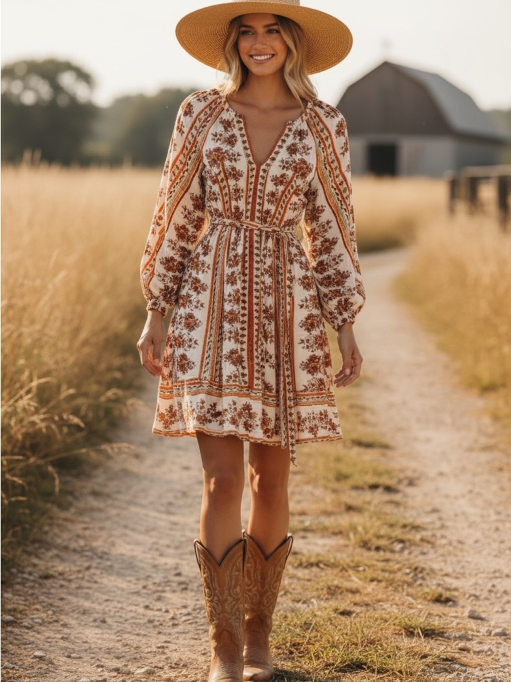 LOFT Cream & Rust Floral Midi Dress with Tie Waist